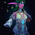Detailed Elven Fantasy Character Creature With Green Hair Pink Ears Leaf Decorations Blue White Outfit