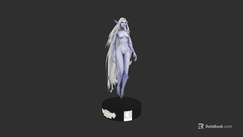 Game Character 3D Model Female Elf with Long White Hair Purple Skin On Black Base 3d model 