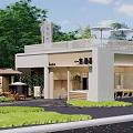 Modern Milk Tea Shop Exterior With Outdoor Terrace Green Trees And Umbrellas