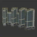Modern Commercial Complex High Rise Buildings With Glass Curtain Walls And Retail Spaces At Base