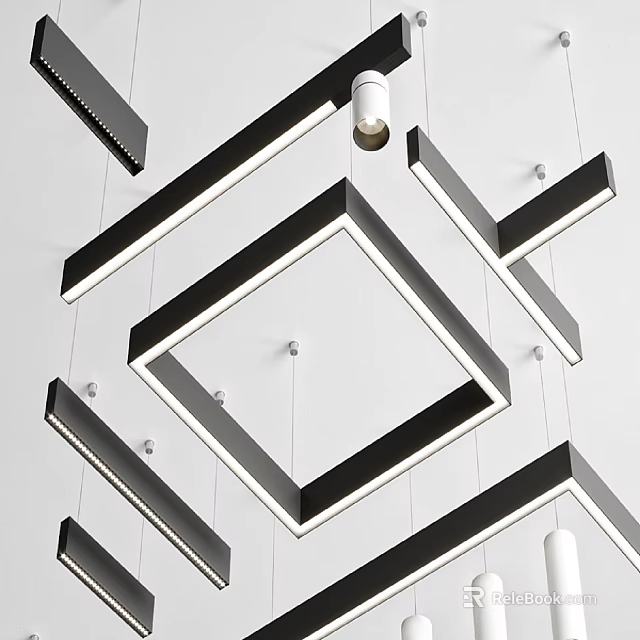 Modern Geometric Chandeliers With Black And White Square Frames Hanging From Ceiling 3d model