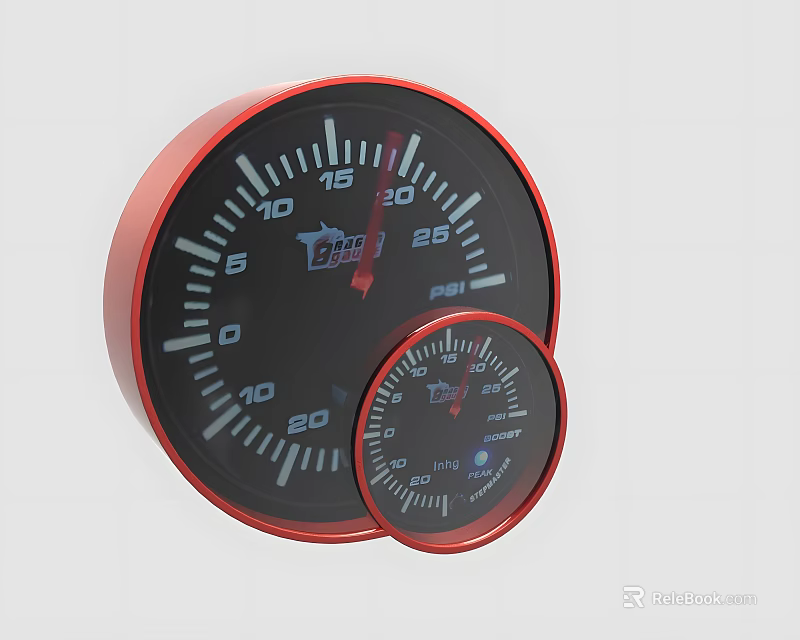 Two Round Gauges With Red Frame Black Dial Scales And Pointers 3d model 