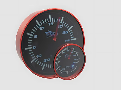 Two Round Gauges With Red Frame Black Dial Scales And Pointers 3d model