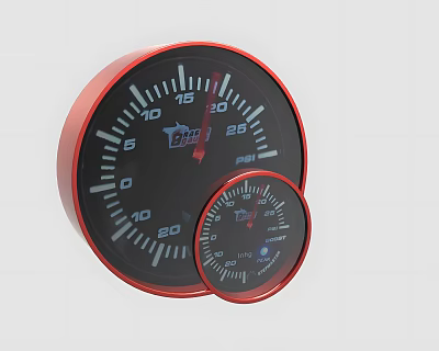 Two Round Gauges With Red Frame Black Dial Scales And Pointers 3d model