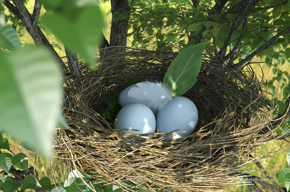 Natural Bird Nest With Three Blue Eggs Surrounded By Green Leaves And Branches 3d model 