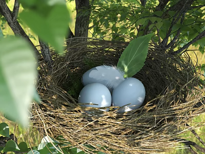Natural Bird Nest With Three Blue Eggs Surrounded By Green Leaves And Branches 3d model