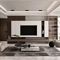 Modern Living Room Interior With White TV Wall Wooden Cabinets Curved Chair And Textured Rug