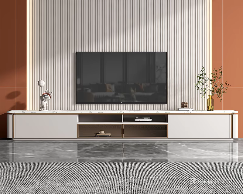 Modern White TV Stand with Flat Screen TV Shelves and Decorative Plant in Living Room 3d model 