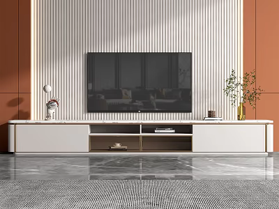 Modern White TV Stand with Flat Screen TV Shelves and Decorative Plant in Living Room 3d model