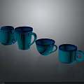 Four Blue Cups With Various Sizes Different Designs And Textured Surfaces On Grey Background 3d model