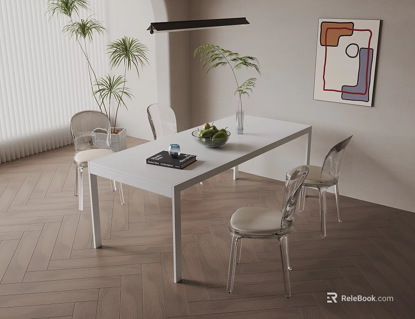 Modern Dining Table Set With Transparent Chairs Wooden Floor And Wall Artwork 3d model 