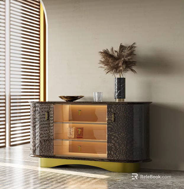 Modern Sideboard With Glass Doors Interior Lighting Decorative Bowl Glass Cup And Pampas Grass Vase 3d model 