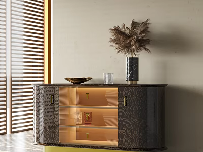 Modern Sideboard With Glass Doors Interior Lighting Decorative Bowl Glass Cup And Pampas Grass Vase 3d model