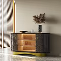 Modern Sideboard With Glass Doors Interior Lighting Decorative Bowl Glass Cup And Pampas Grass Vase