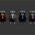 Game Movie Character Yaks With Various Colors Blue Packs Horns And Fluffy Fur