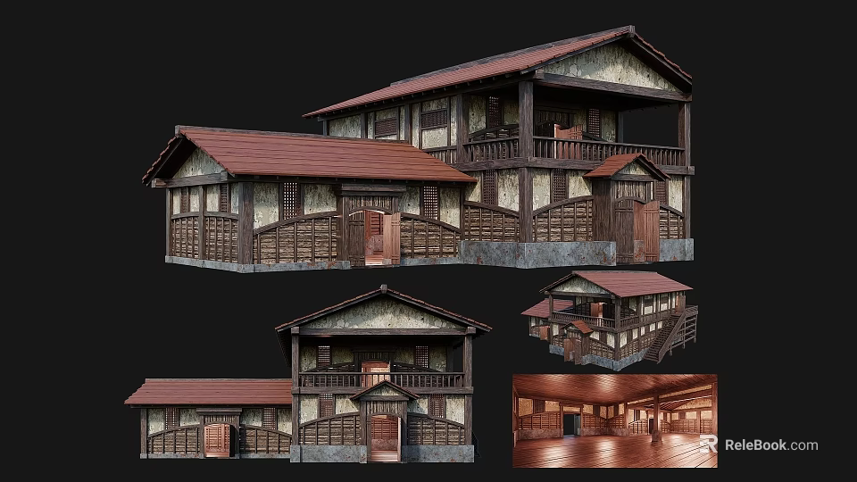 Traditional Ancient Building With Wooden Structure Tile Roof Multi Story Design And Interior Details 3d model 