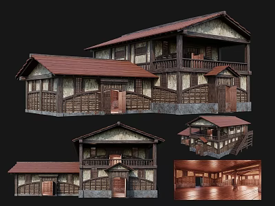 Traditional Ancient Building With Wooden Structure Tile Roof Multi Story Design And Interior Details 3d model