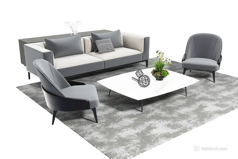 Modern Gray Fabric Sofa And Coffee Table Set With Comfortable Chairs Decorative Plants On Patterned Rug 3d model