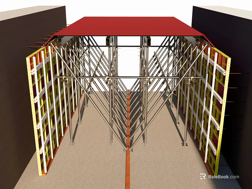 Structural Construction Framework With Metal Scaffolding Red Roof And Side Frames 3d model