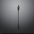 Ancient Decorative Spear Weapon With Ornate Metal Head And Wooden Shaft