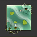 Water Pond Scene With Green Lily Pads Purple White Flowers And Orange Reeds