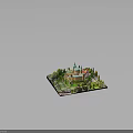 Elaborate Castle Architecture Model With Lush Green Trees Scenic Lake And Winding Path