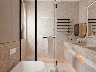 Modern Bathroom Interior With Glass Shower Enclosure Marble Vanity Mirror And Towel Rack 3d model