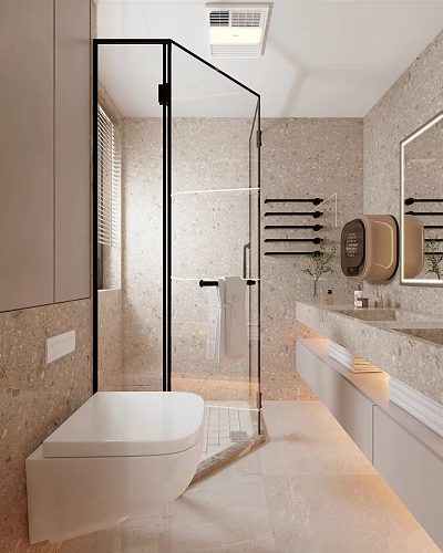 Modern Bathroom Interior With Glass Shower Enclosure Marble Vanity Mirror And Towel Rack 3d model