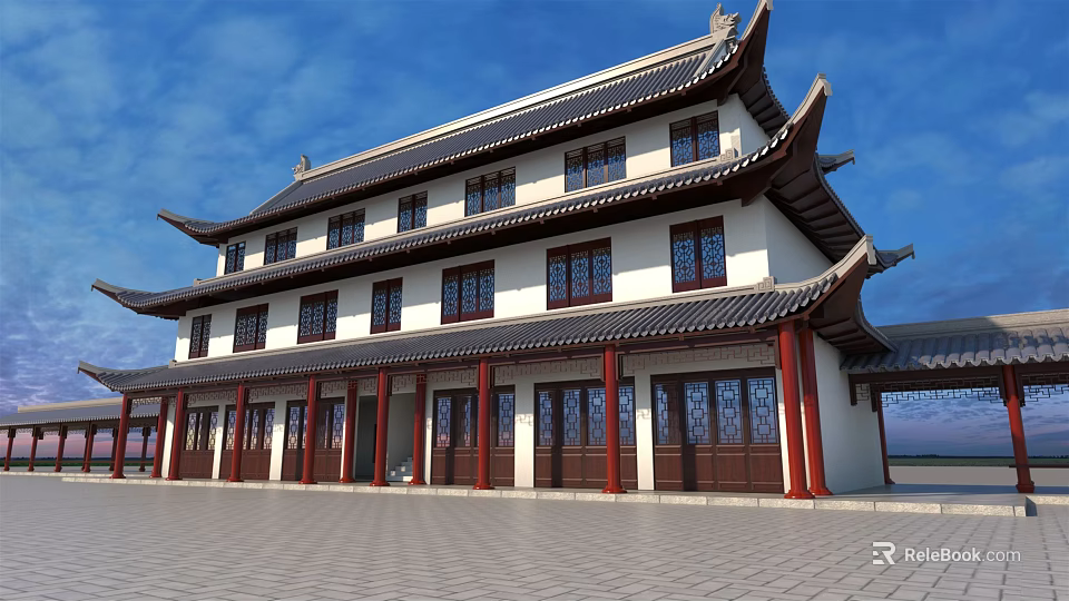 Ancient Traditional Chinese Architecture Two Story With Overhanging Eaves Red Pillars And Tile Roof 3d model 