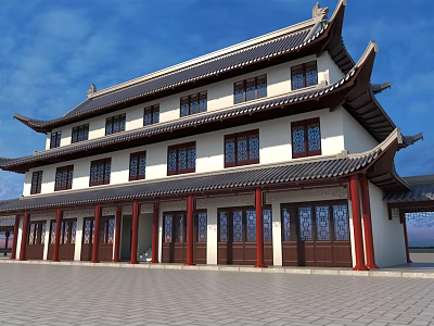Ancient Traditional Chinese Architecture Two Story With Overhanging Eaves Red Pillars And Tile Roof 3d model