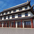 Ancient Traditional Chinese Architecture Two Story With Overhanging Eaves Red Pillars And Tile Roof