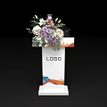 White Functional Table With LOGO Flower Arrangement And Orange Blue Side Patterns 3d model