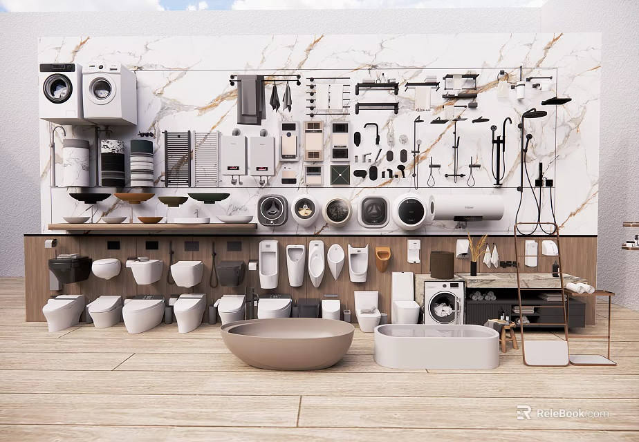 Modern Bathroom Fixtures Combination with Toilets Sinks Shower Heads Storage and Washing Machines 3d model 