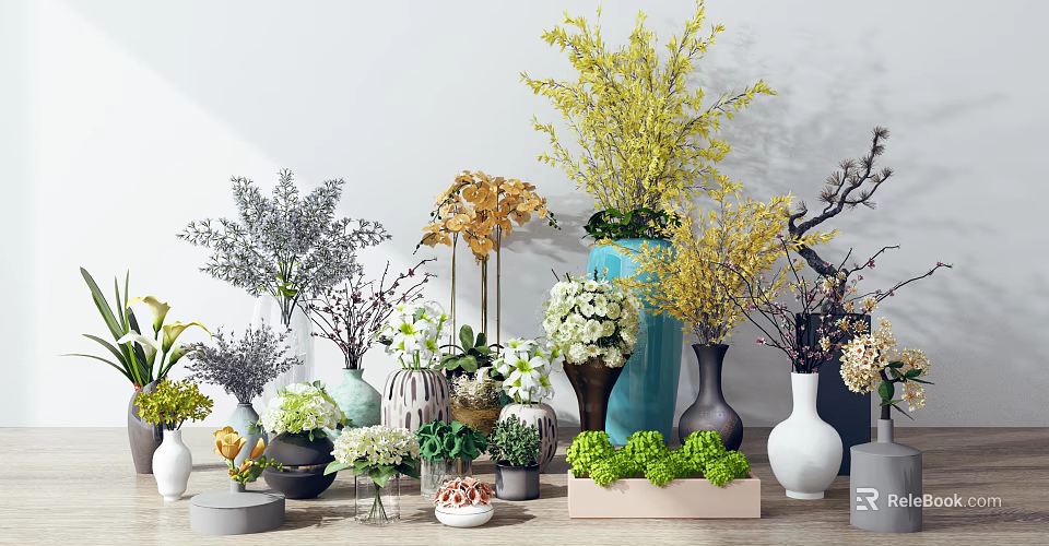 Colorful Ceramic Glass Vases with Yellow White Purple Flowers on Wooden Table Light Wall Background 3d model 