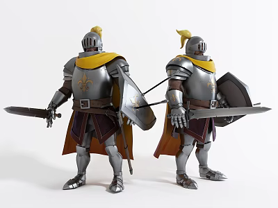 Game and Movie Knight Characters in Silver Armor With Yellow Accents Holding Swords and Shields 3d model