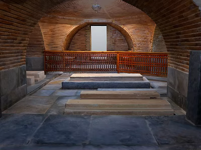 Red Brick Building Interior With Vaulted Ceiling Stone Steps And Wooden Railing 3d model