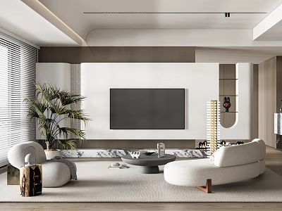 Modern Living Room Interior With White Sofa TV Wall Green Plant And Round Coffee Table 3d model