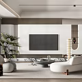 Modern Living Room Interior With White Sofa TV Wall Green Plant And Round Coffee Table