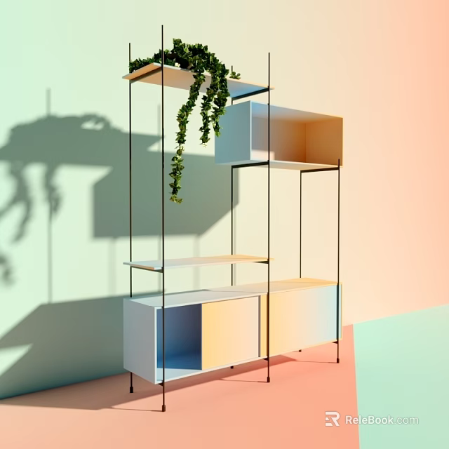 Modern Multi tiered Shelving Unit With Multicolored Panels Green Plants And Pastel Walls 3d model 