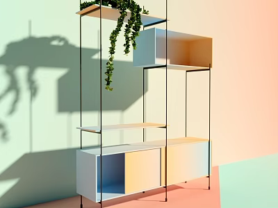 Modern Multi tiered Shelving Unit With Multicolored Panels Green Plants And Pastel Walls 3d model