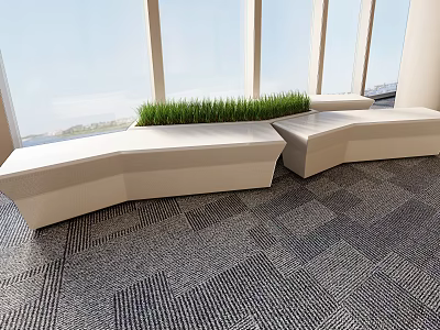Modern Public Chair Design with Green Plants Large Windows and Carpeted Interior 3d model