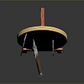 Weapons Such As Axes And Knives Embedded In Target Board With Wooden Stand