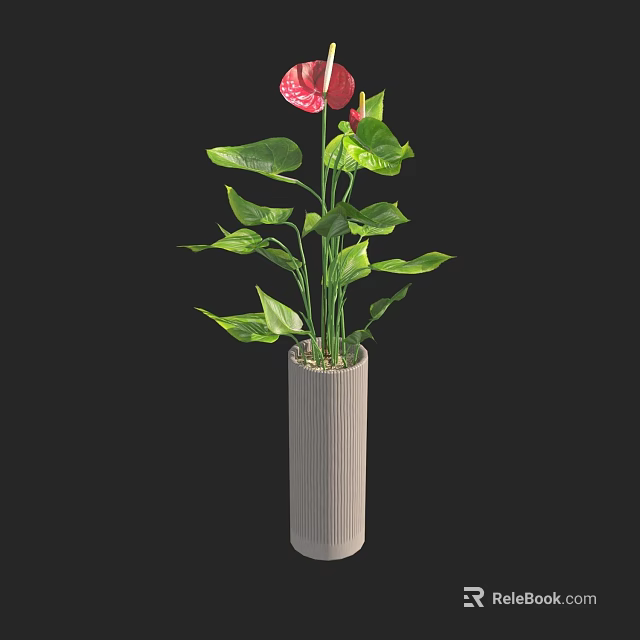 Beautiful Potted Plant With Green Leaves And Red Flowers In Gray Textured Cylindrical Pot 3d model 