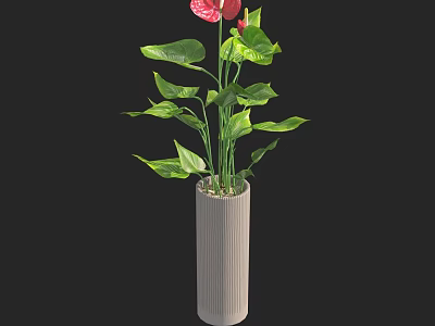 Beautiful Potted Plant With Green Leaves And Red Flowers In Gray Textured Cylindrical Pot 3d model
