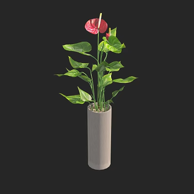 Beautiful Potted Plant With Green Leaves And Red Flowers In Gray Textured Cylindrical Pot 3d model