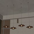 Four Modern Copper Pendant Lights Hanging From Ceiling In Minimalist Interior