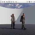 Two Men In Stylish Grey Outfits Adjusting Hair And Holding Coat Light Wall Dark Floor