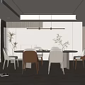 Modern Dining Room Interior With Round Table Beige Chairs Pendant Lights And Potted Plants