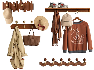 Wooden Wall Mounted Coat Rack With Hanging Hats Scarves Bags Sweater And Shoes 3d model
