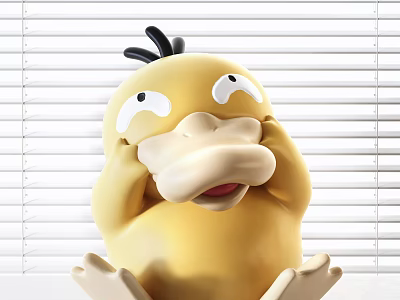 Yellow Duck Stuffed Toy With Big Eyes Hands Covering Face On White Blinds Background 3d model